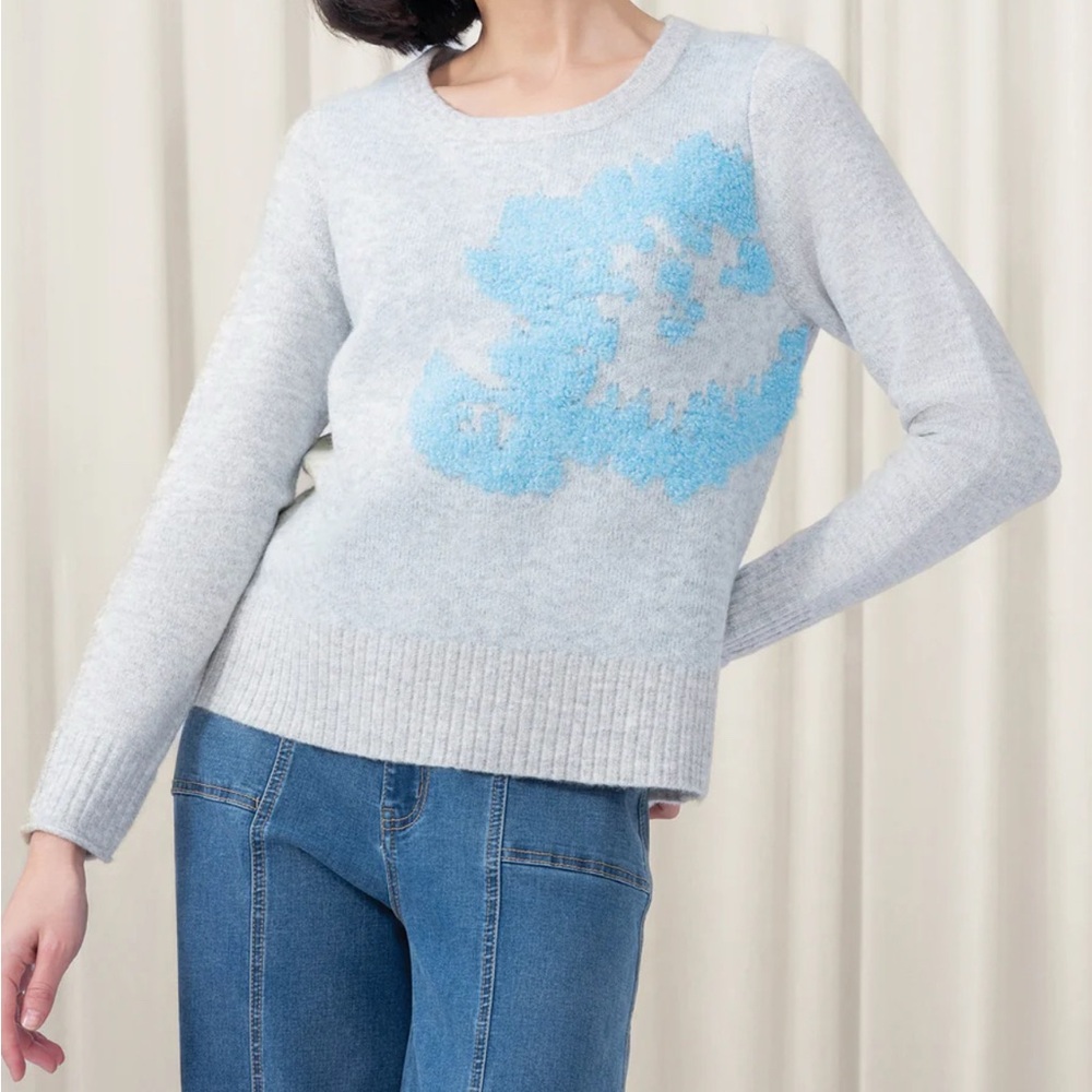 Elena Wang Angora Blend Blue Combo Round Neck Light Grey Sweater - NWT - Size S